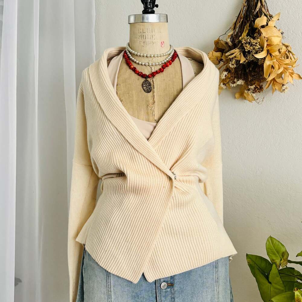 Ann Taylor Ivory Ribbed Wool Blend Wrap Cardigan